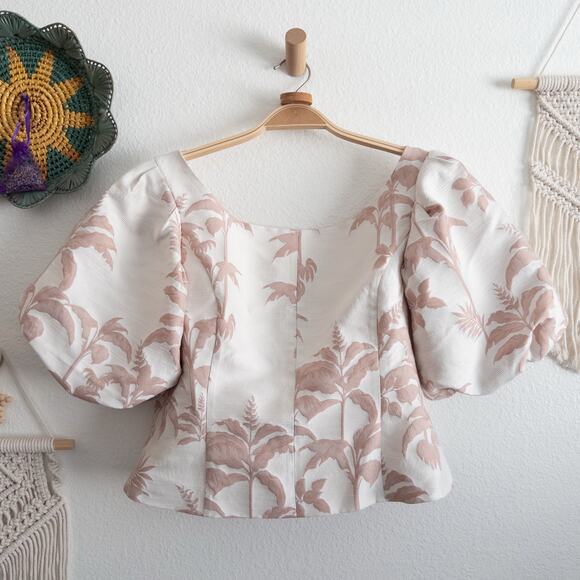 Ted Baker Floral Puff Sleeve Riverr Wide Neck Crop Size 5 Cream and Pink - Picture 2 of 9
